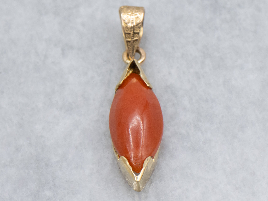 Marquise-Cut Red Coral Cabochon Pendant with Antique Decorative Bail