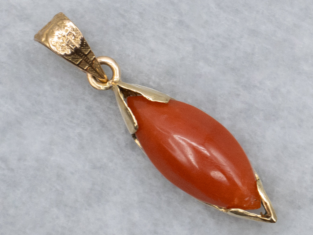 Marquise-Cut Red Coral Cabochon Pendant with Antique Decorative Bail