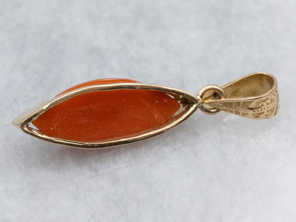 Marquise-Cut Red Coral Cabochon Pendant with Antique Decorative Bail