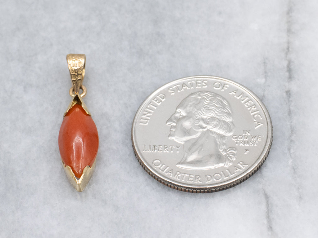 Marquise-Cut Red Coral Cabochon Pendant with Antique Decorative Bail