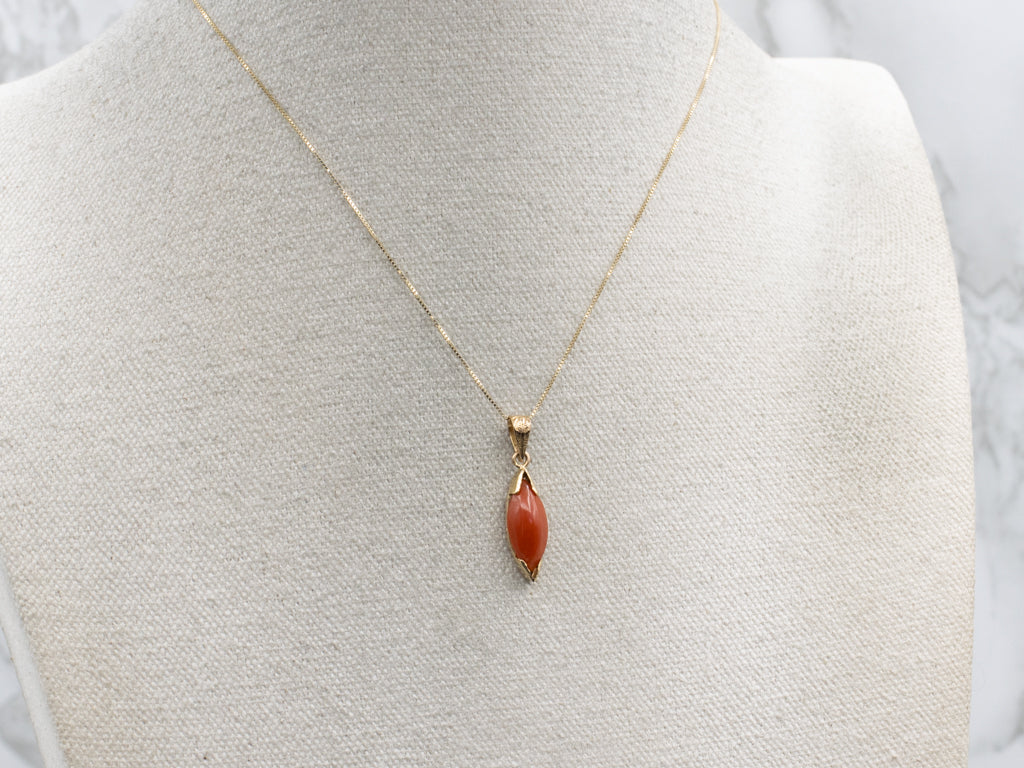 Marquise-Cut Red Coral Cabochon Pendant with Antique Decorative Bail