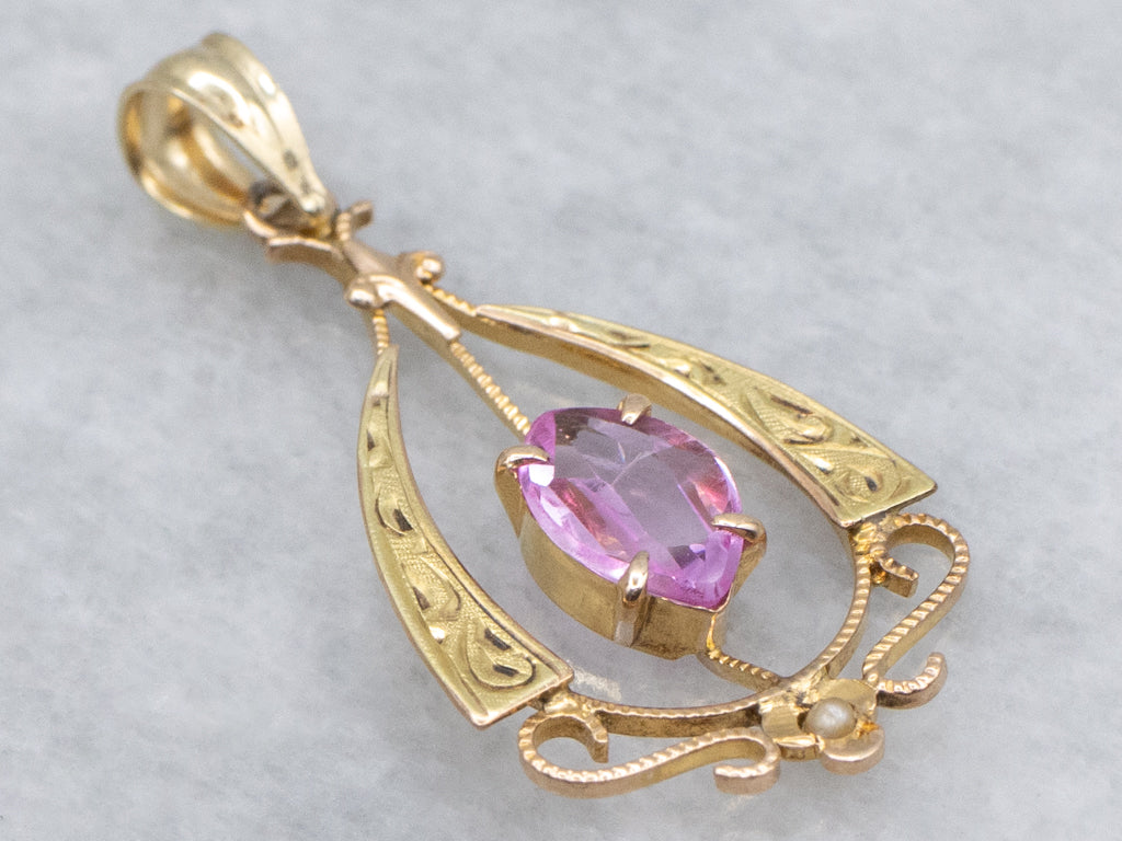 Marquise-Cut Synthetic Pink Sapphire and Seed Pearl Antique Gold Pendant