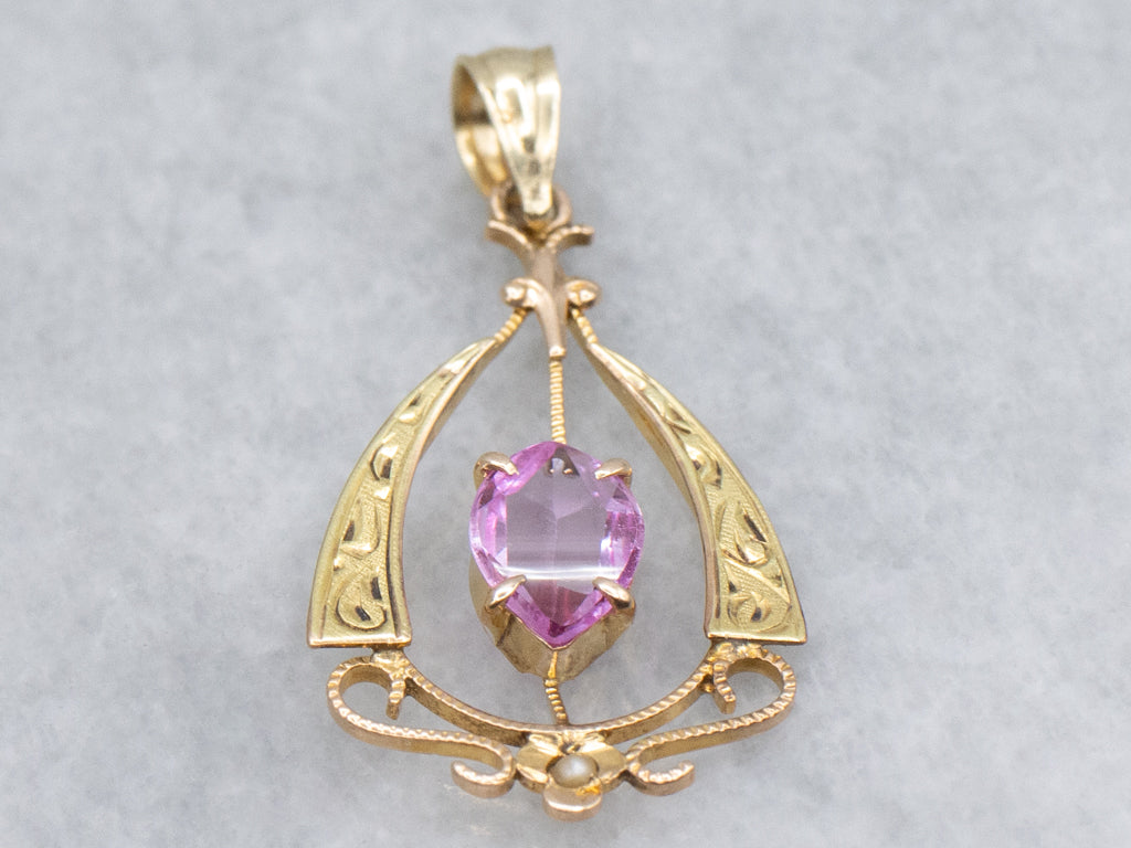 Marquise-Cut Synthetic Pink Sapphire and Seed Pearl Antique Gold Pendant