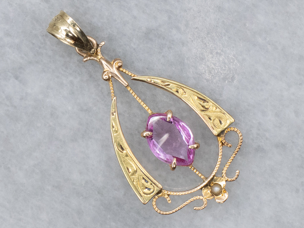 Marquise-Cut Synthetic Pink Sapphire and Seed Pearl Antique Gold Pendant