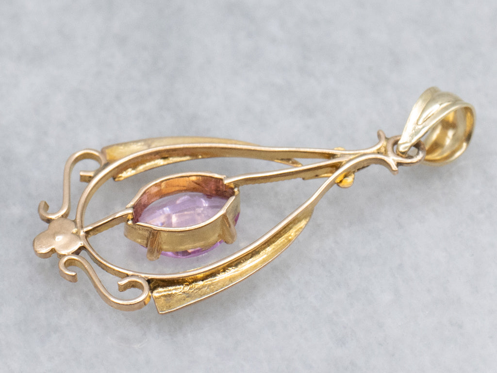 Marquise-Cut Synthetic Pink Sapphire and Seed Pearl Antique Gold Pendant