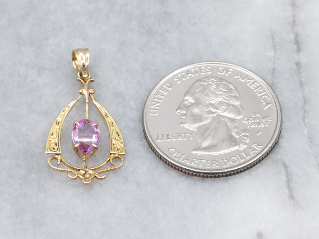 Marquise-Cut Synthetic Pink Sapphire and Seed Pearl Antique Gold Pendant