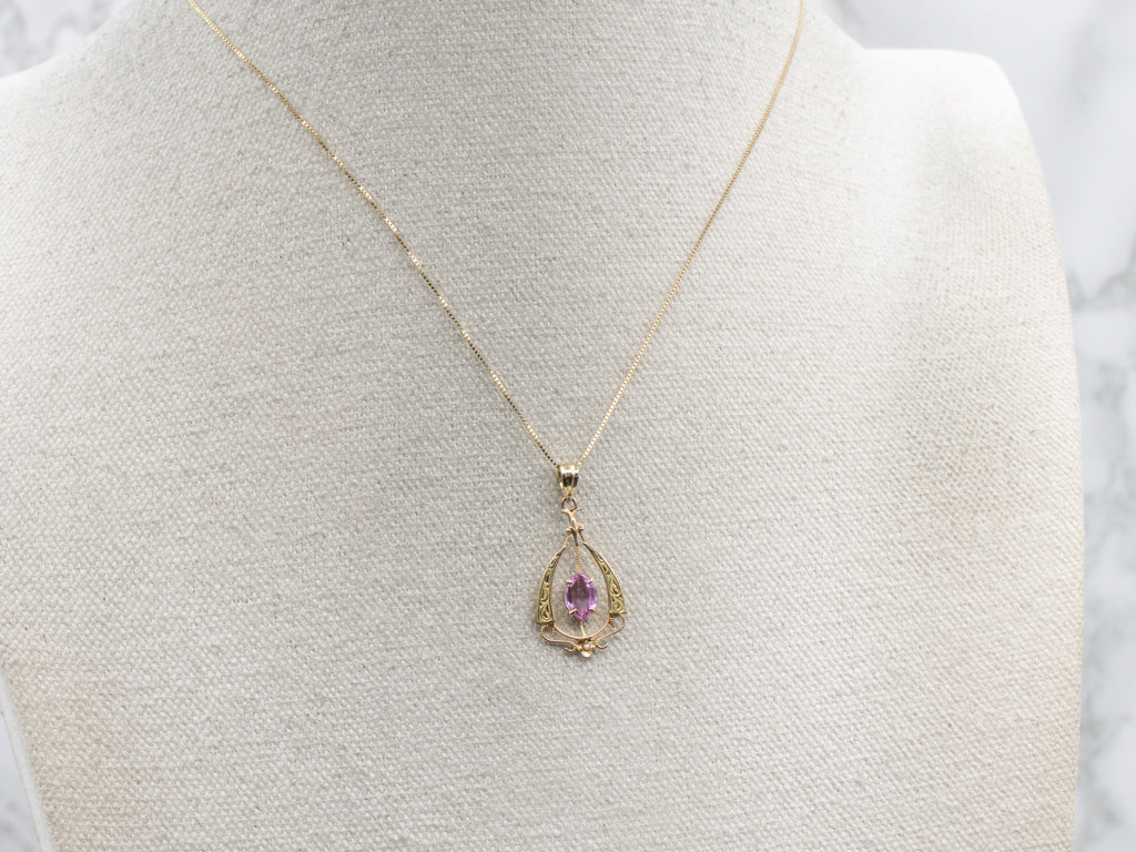 Marquise-Cut Synthetic Pink Sapphire and Seed Pearl Antique Gold Pendant