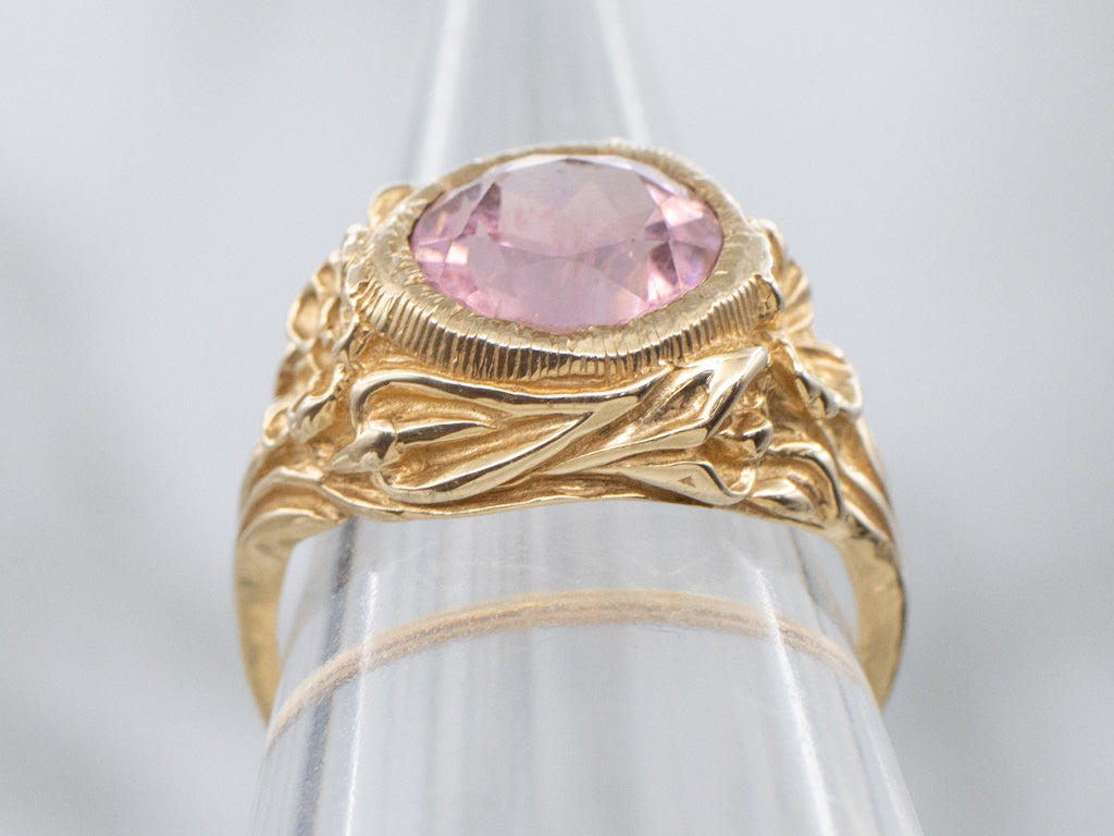Vintage Gold Pink Tourmaline Floral Ring