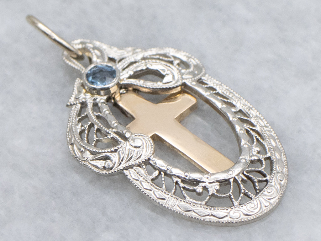 Mixed-Era Sapphire and Gold Filigree and Cross Pendant
