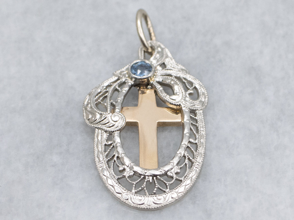 Mixed-Era Sapphire and Gold Filigree and Cross Pendant