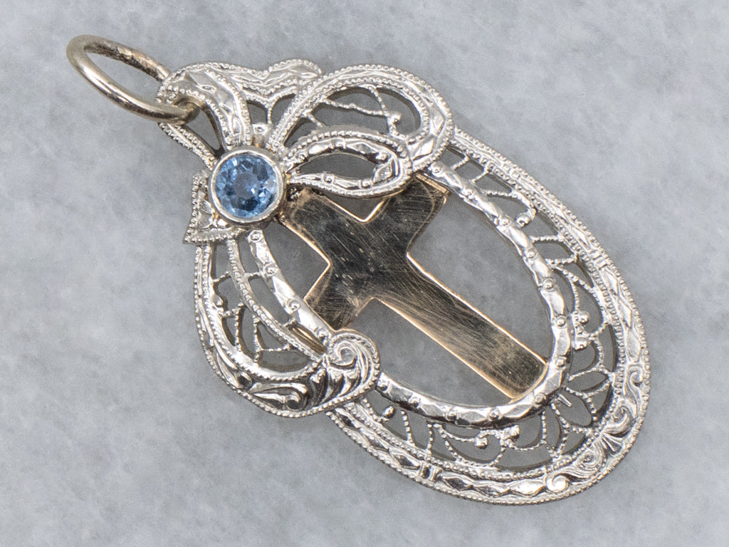 Mixed-Era Sapphire and Gold Filigree and Cross Pendant
