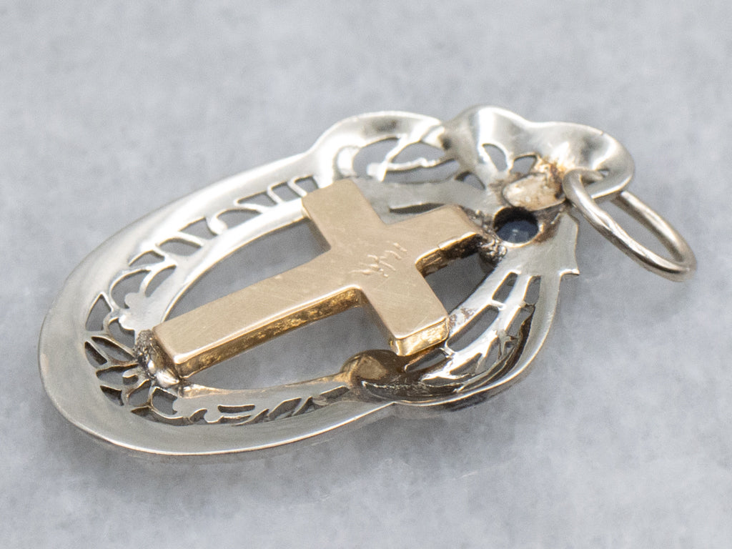 Mixed-Era Sapphire and Gold Filigree and Cross Pendant
