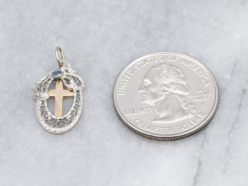 Mixed-Era Sapphire and Gold Filigree and Cross Pendant