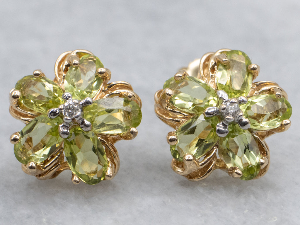 Yellow Gold Peridot and Diamond Flower Stud Earrings