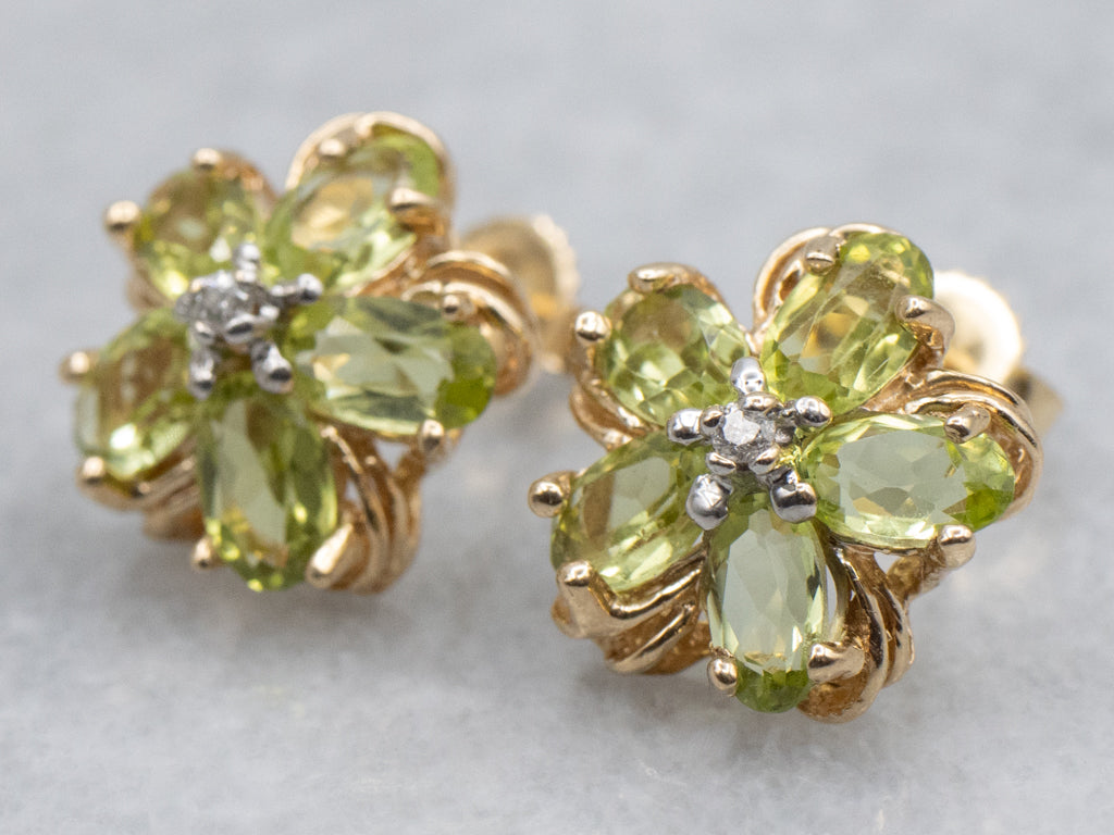 Yellow Gold Peridot and Diamond Flower Stud Earrings