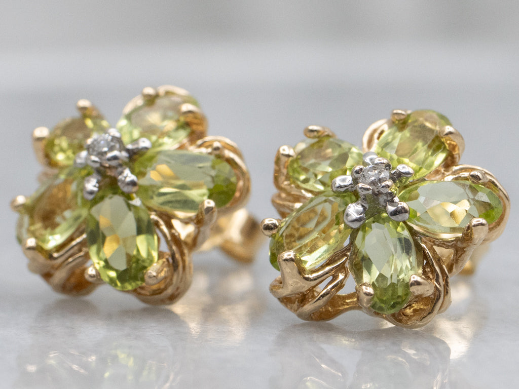 Yellow Gold Peridot and Diamond Flower Stud Earrings