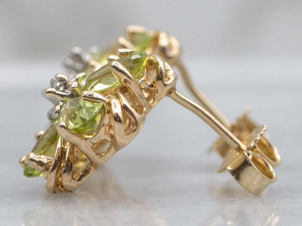 Yellow Gold Peridot and Diamond Flower Stud Earrings