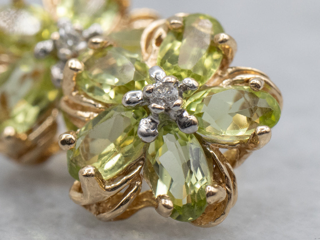 Yellow Gold Peridot and Diamond Flower Stud Earrings