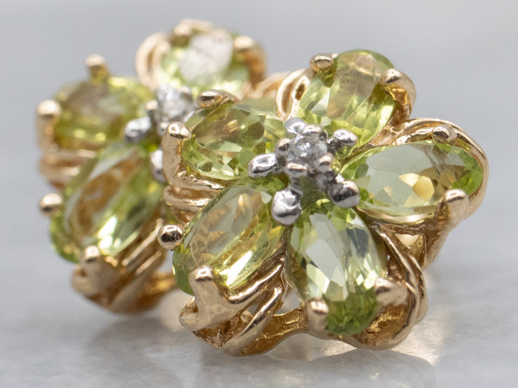 Yellow Gold Peridot and Diamond Flower Stud Earrings