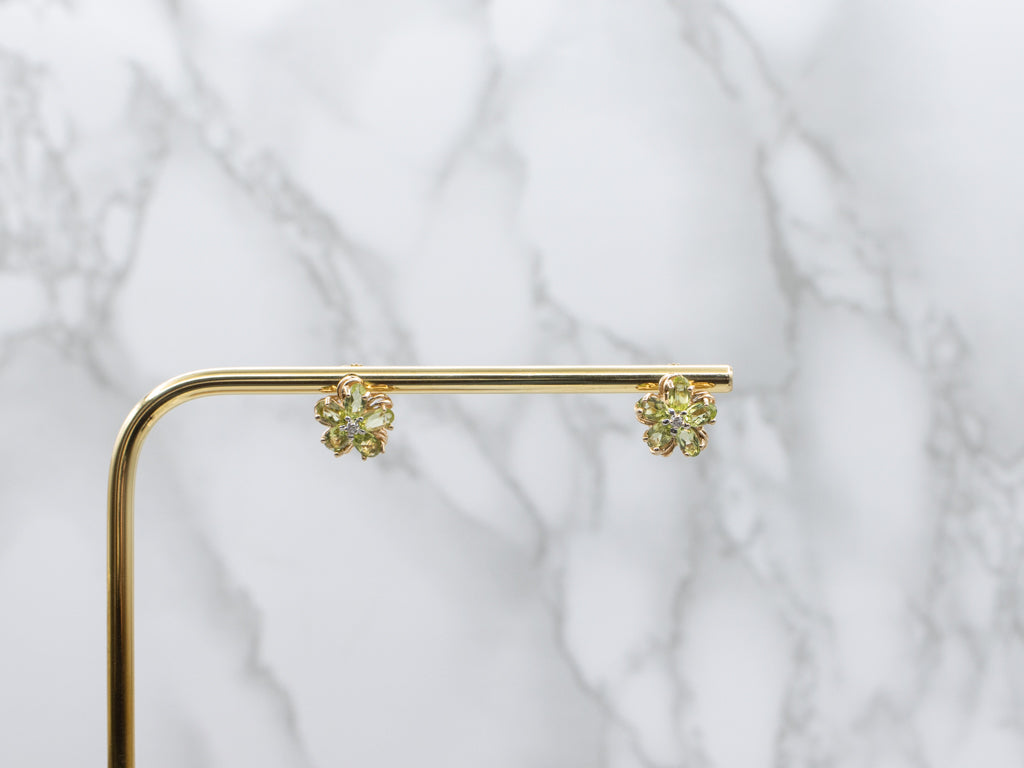 Yellow Gold Peridot and Diamond Flower Stud Earrings