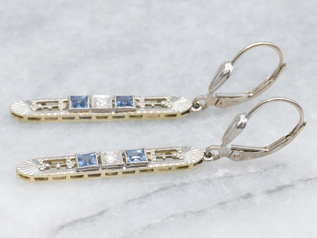 Antique Sapphire and Diamond Filigree Drop Earrings