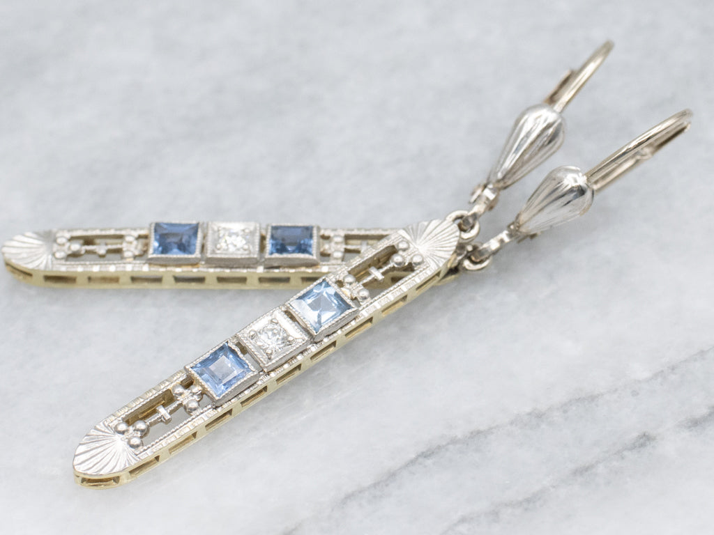 Antique Sapphire and Diamond Filigree Drop Earrings