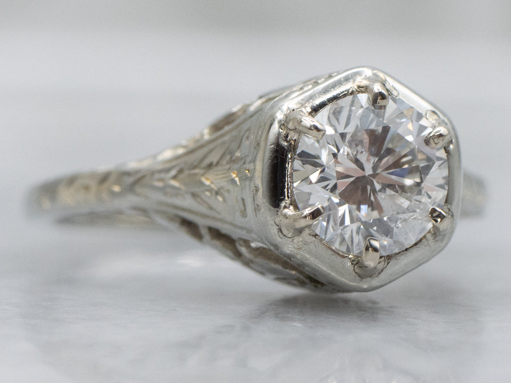 Antique Hand-Engraved Brilliant Diamond Solitaire Engagement Ring