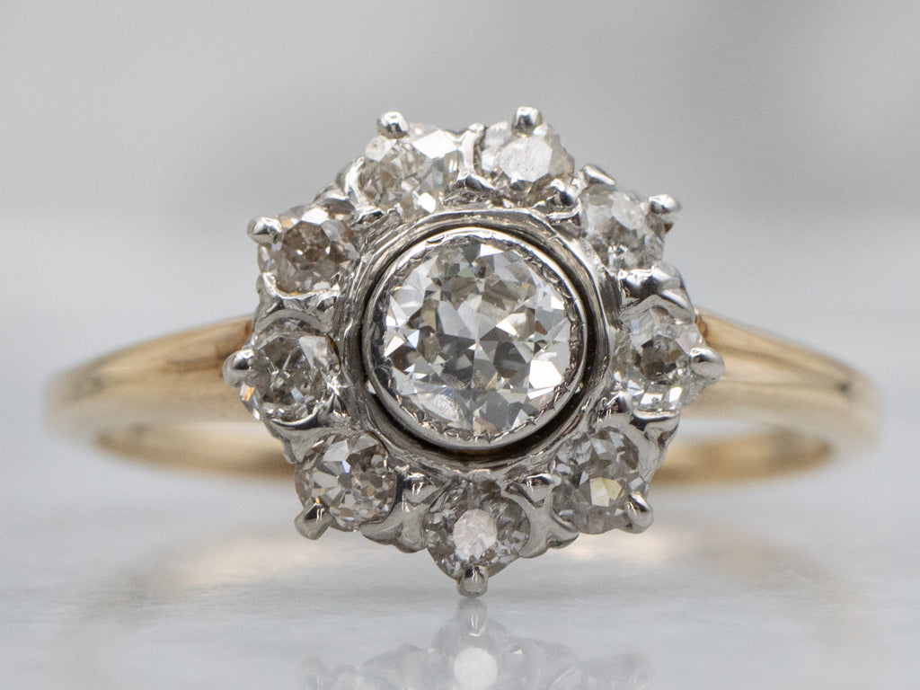 Antique European and Old Mine Cut Diamond Mix-Metal Halo Ring