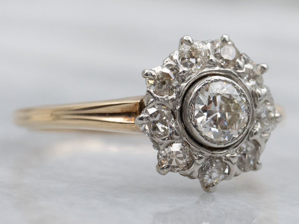 Antique European and Old Mine Cut Diamond Mix-Metal Halo Ring