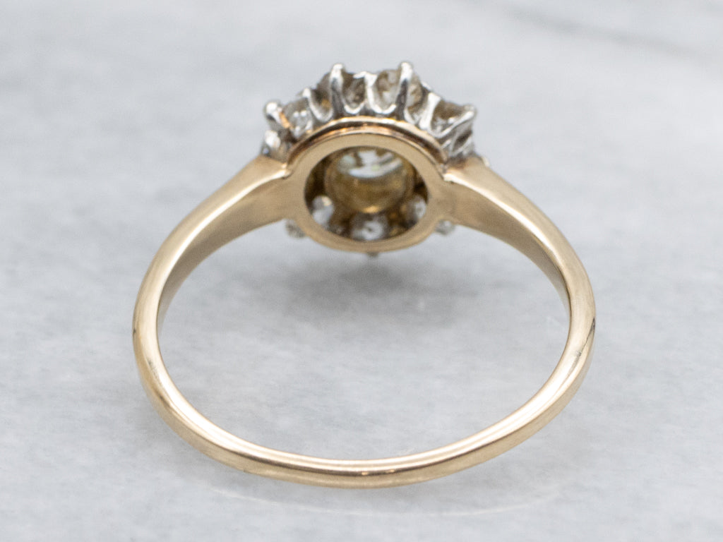 Antique European and Old Mine Cut Diamond Mix-Metal Halo Ring