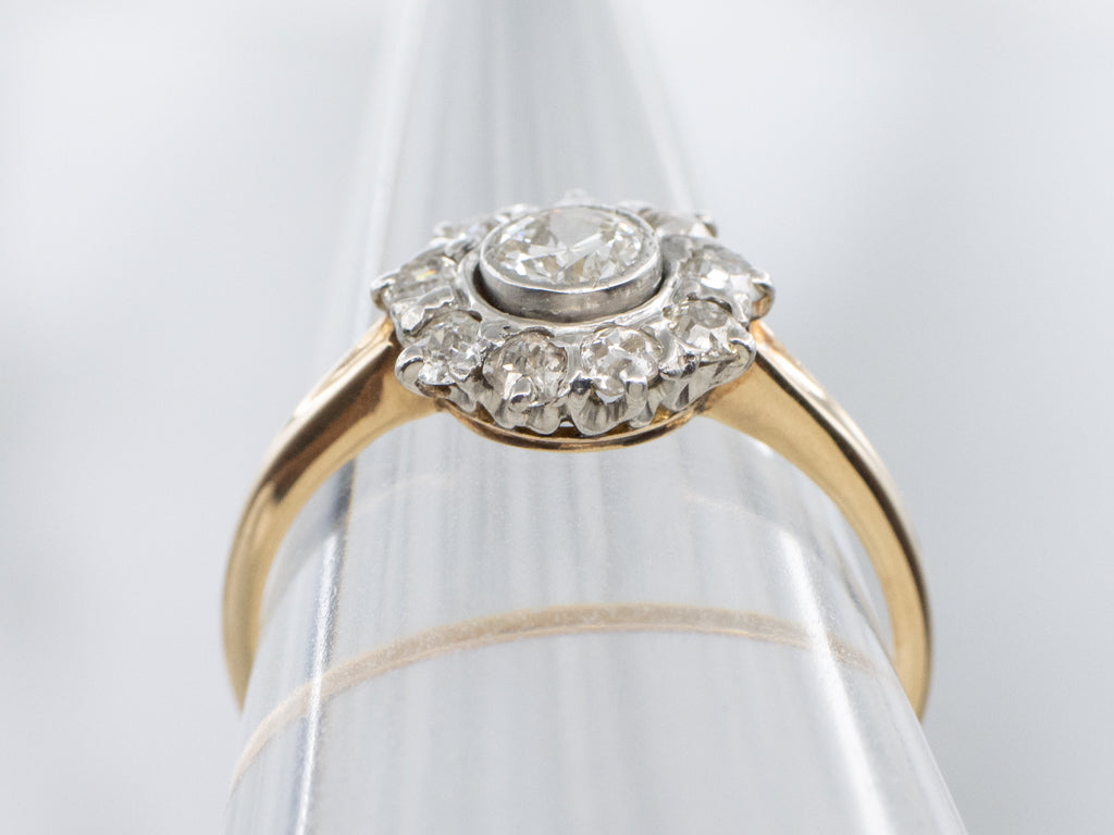 Antique European and Old Mine Cut Diamond Mix-Metal Halo Ring