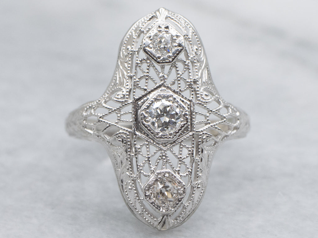 European and Old Mine Cut Diamond 1920s Filigree Dinner Ring