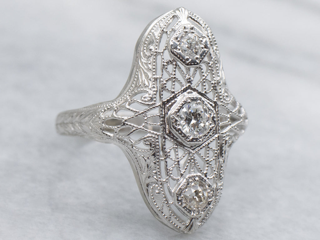European and Old Mine Cut Diamond 1920s Filigree Dinner Ring
