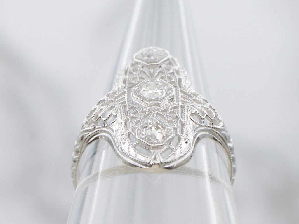 European and Old Mine Cut Diamond 1920s Filigree Dinner Ring