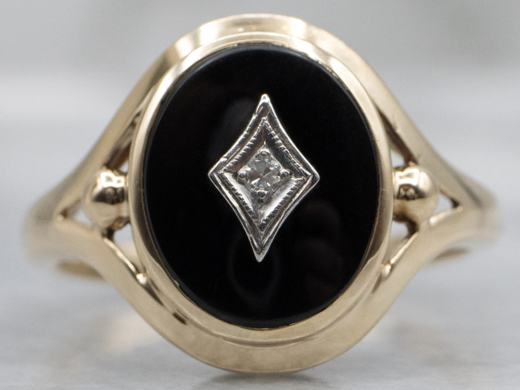 Mid-Century Black Onyx and Diamond Ladies Ring