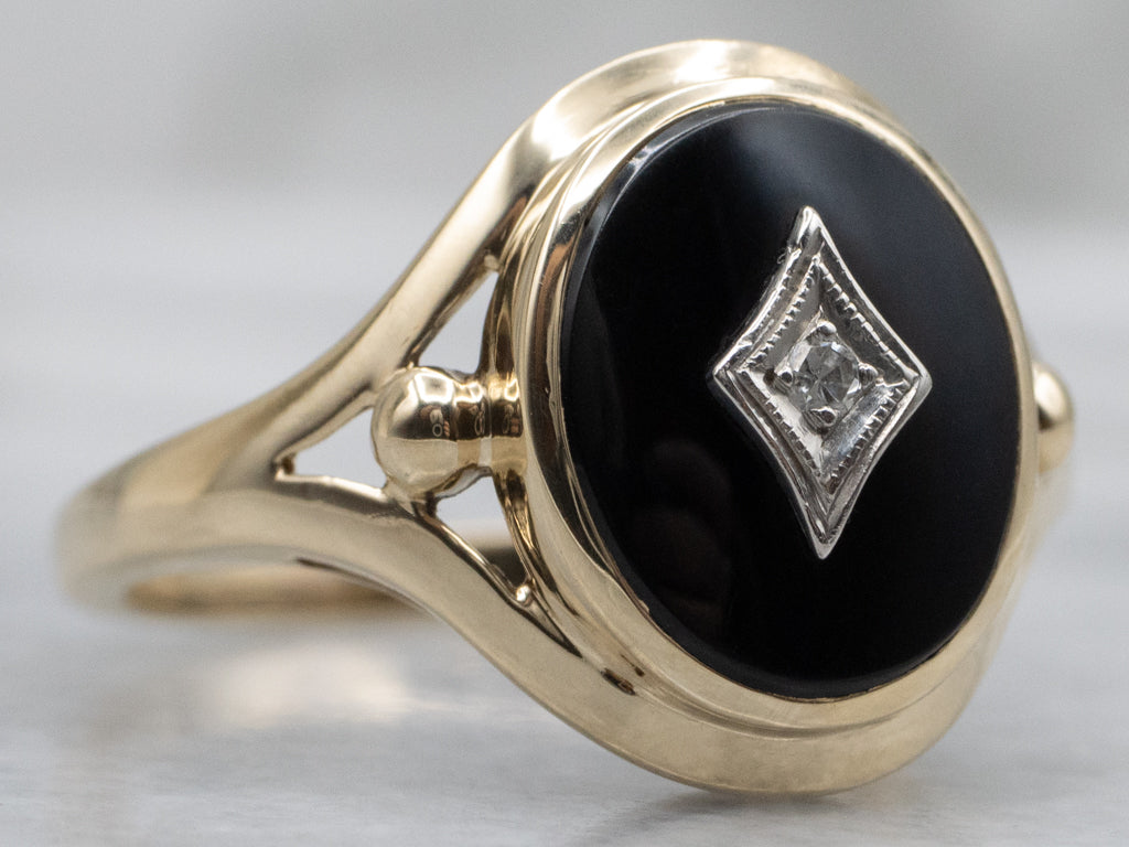 Mid-Century Black Onyx and Diamond Ladies Ring