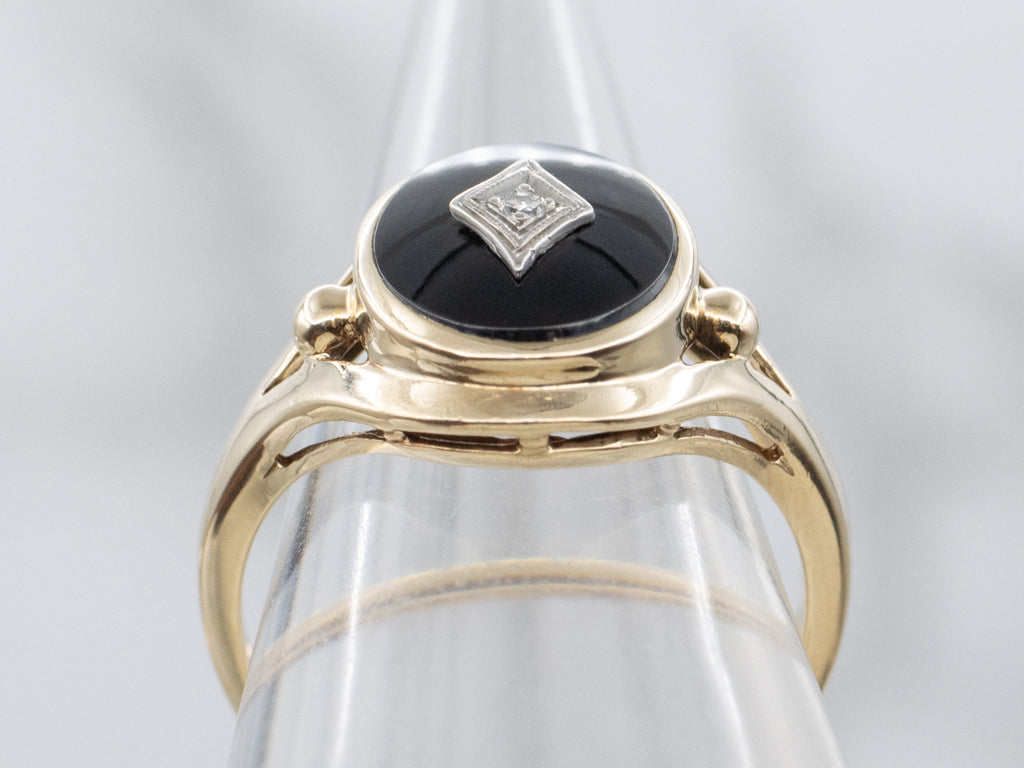 Mid-Century Black Onyx and Diamond Ladies Ring