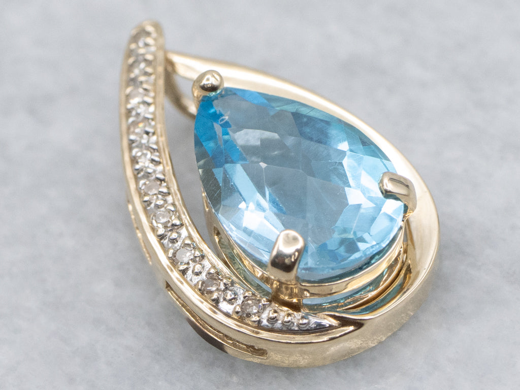 Modern Pear-Cut Blue Topaz and Diamond Teardrop Gold Pendant
