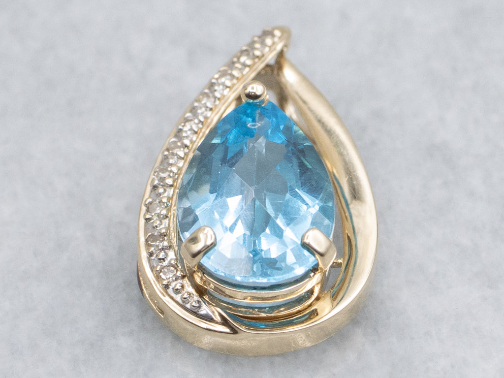Modern Pear-Cut Blue Topaz and Diamond Teardrop Gold Pendant