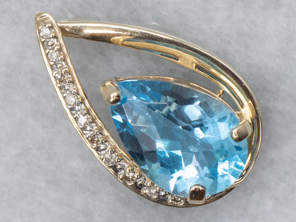 Modern Pear-Cut Blue Topaz and Diamond Teardrop Gold Pendant
