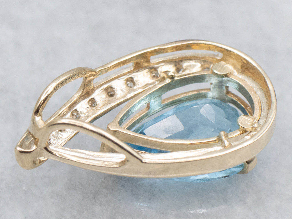 Modern Pear-Cut Blue Topaz and Diamond Teardrop Gold Pendant