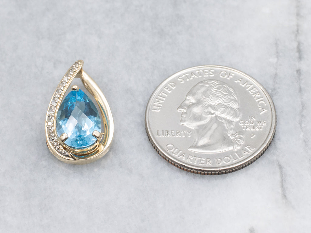 Modern Pear-Cut Blue Topaz and Diamond Teardrop Gold Pendant