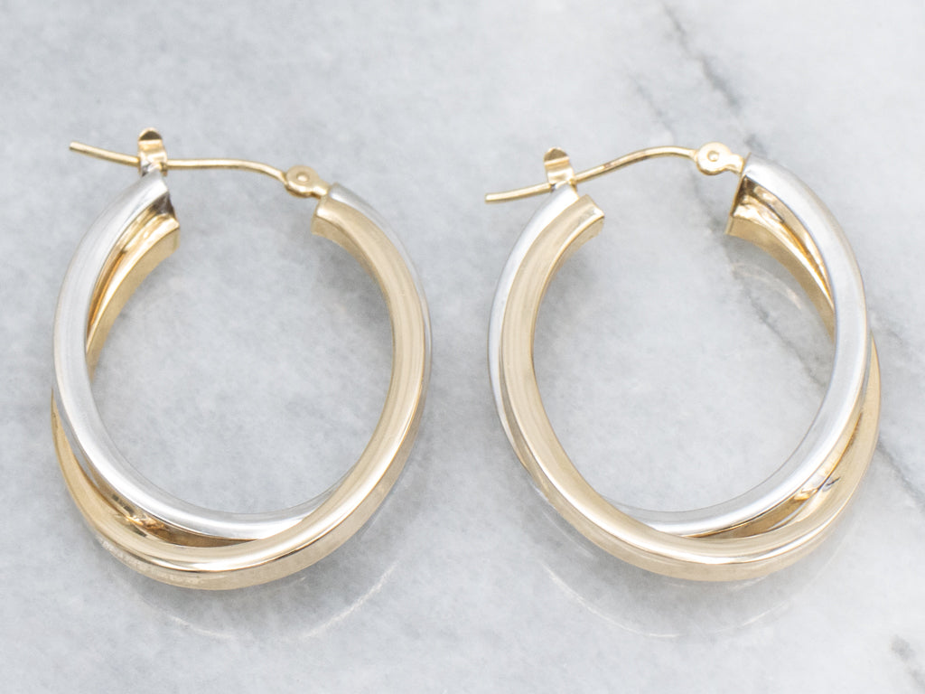 Squared Yellow and White Gold Double Hoop Earrings