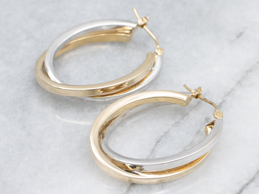 Squared Yellow and White Gold Double Hoop Earrings