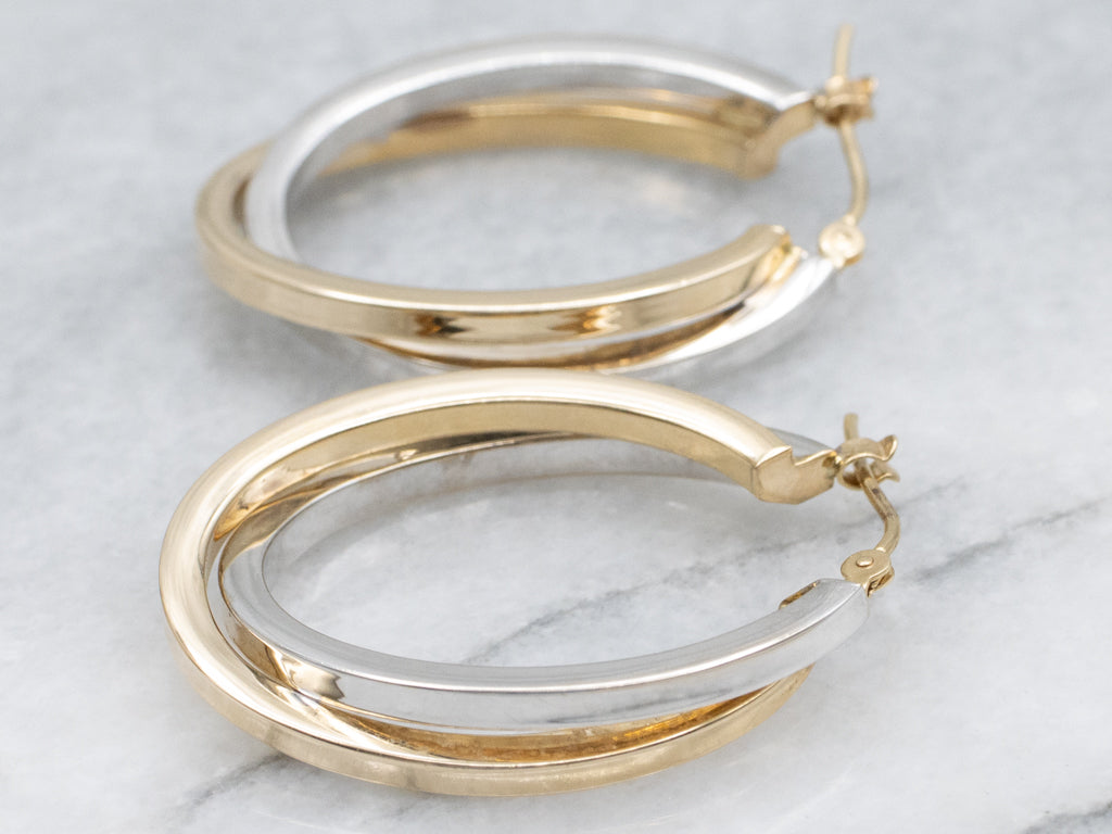 Squared Yellow and White Gold Double Hoop Earrings