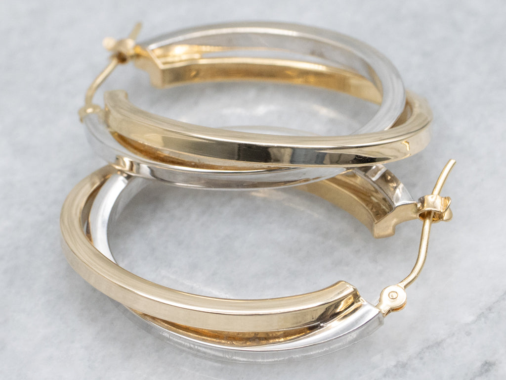 Squared Yellow and White Gold Double Hoop Earrings