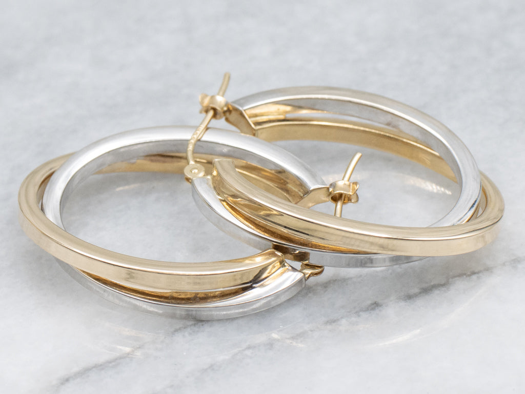 Squared Yellow and White Gold Double Hoop Earrings