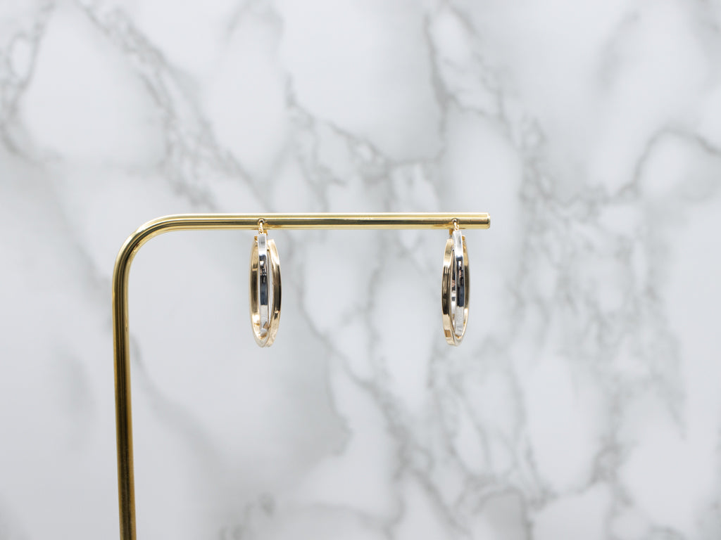Squared Yellow and White Gold Double Hoop Earrings