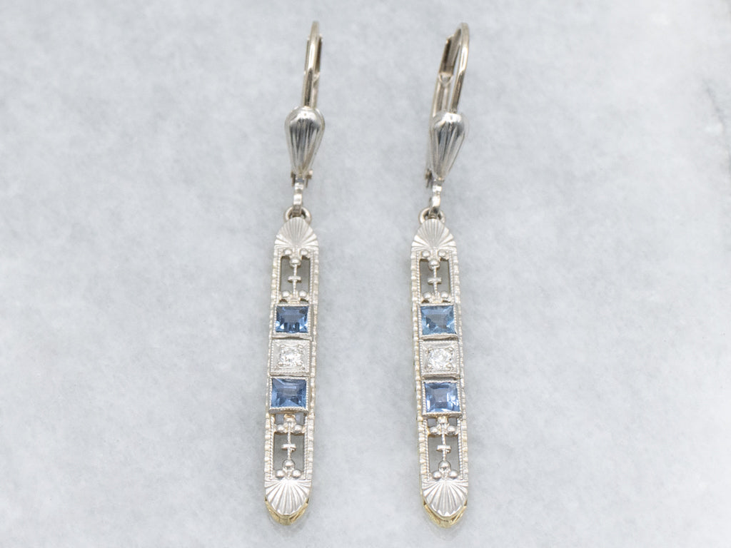 Antique Sapphire and Diamond Filigree Drop Earrings