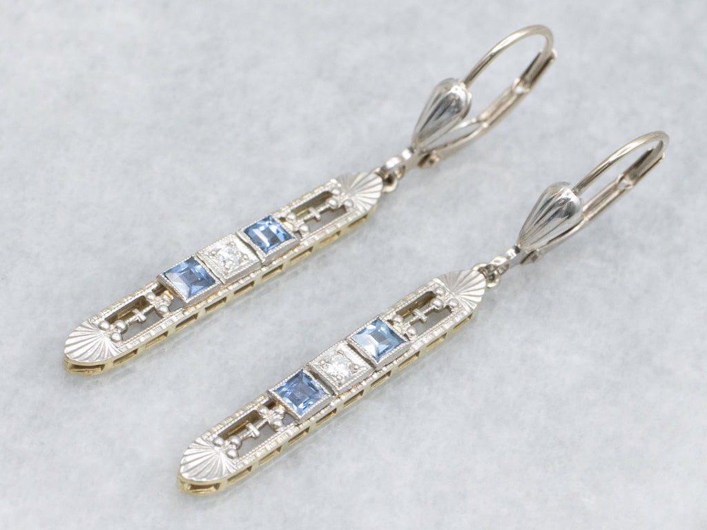 Antique Sapphire and Diamond Filigree Drop Earrings